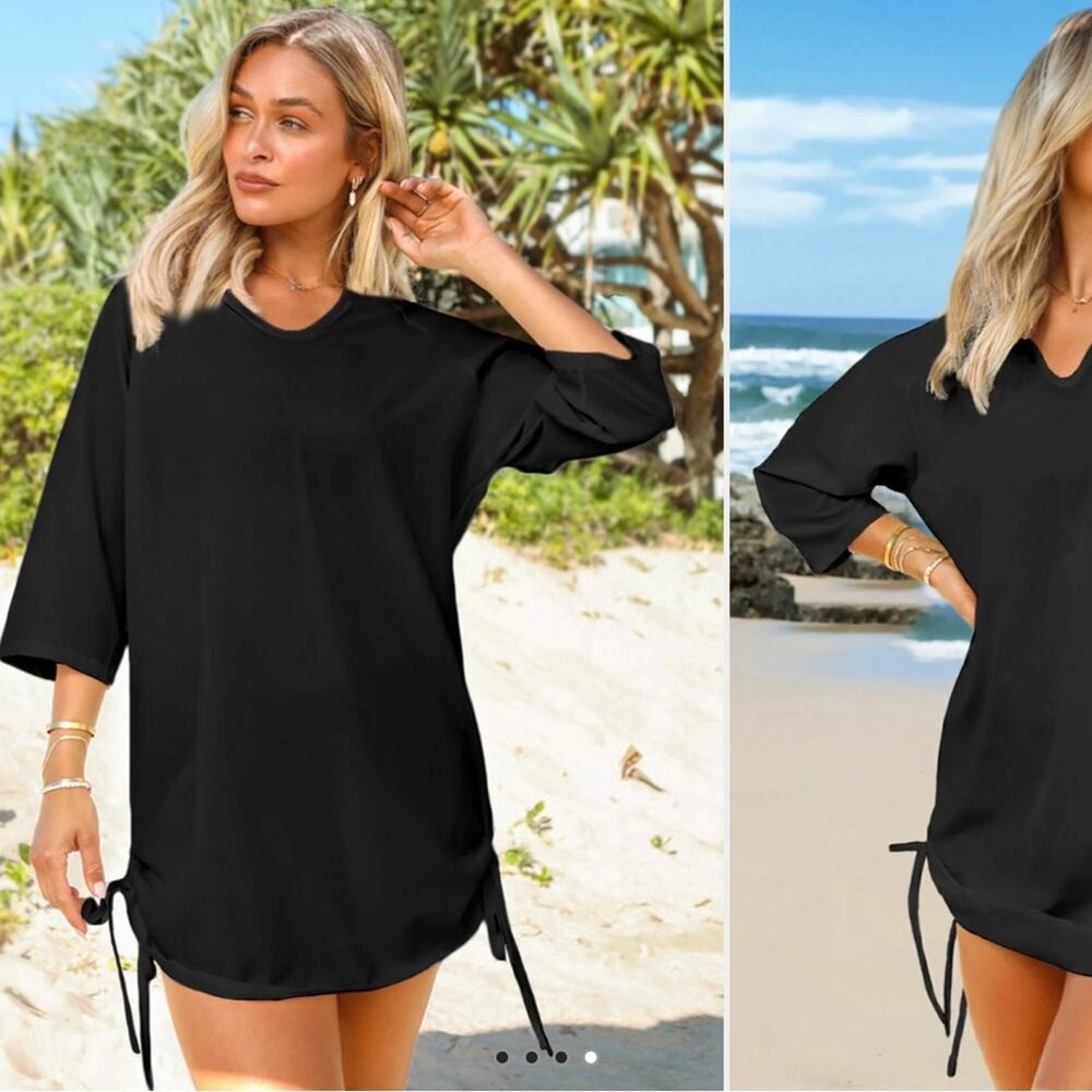 Nwot Split Neck Solid Drawstring Side Cover Up - image 3